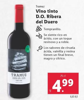 Oferta de Tramuz - Vino Tinto D.O. Ribera Del Duero por 4,99€ en Lidl