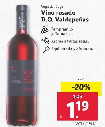 Oferta de Vega Del Cega - Vino Rosado D.O. Valdepeñas por 1,19€ en Lidl