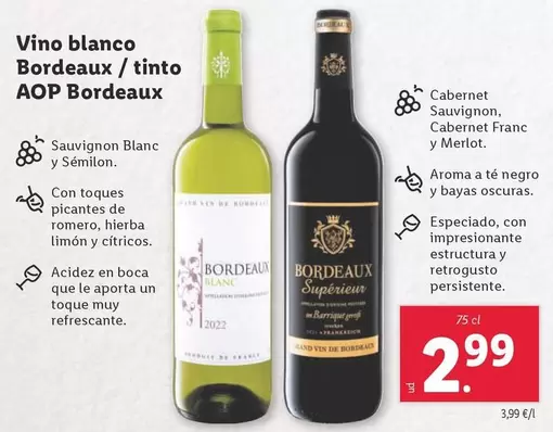 Oferta de Vino Blanco Bordeaux/Tinto AOP Bordeaux por 2,99€ en Lidl