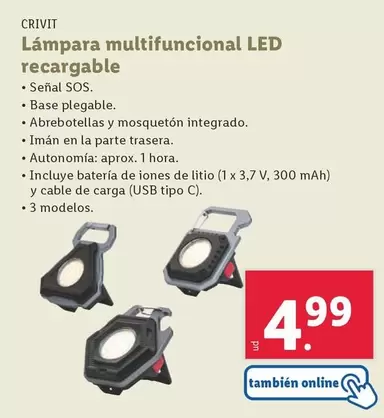 Oferta de Crivit - Lampara Multifuncional Led Recargable por 4,99€ en Lidl