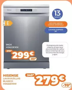 Oferta de Hisense - Lavavajillas Blanco Hs622e10x por 279€ en Pascual Martí