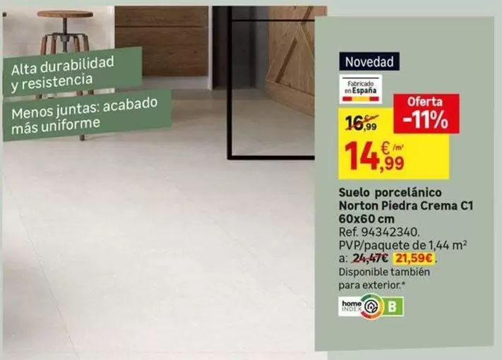 Oferta de Norton - Suelo Porcelanico  Piedra Crema C11 60x60 Cm por 14,99€ en Leroy Merlin