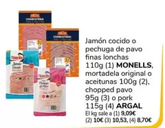 Oferta de Monells/Argal - Jamón Cocido O Pechuga De Pavo Finas Lonchas, Mortadela Original O Aceitunas, Chopped Pavo O Pork por 1€ en Supeco