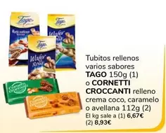Oferta de Tago/Cornetti Croccanti - Tubitos Rellenos, Relleno Crema Coco, Caramelo O Avellana por 1€ en Supeco