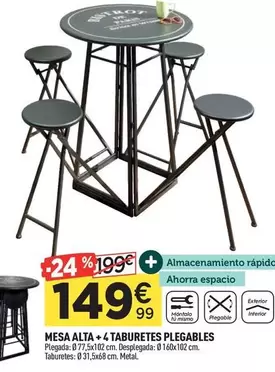 Oferta de Mesa Alta + 4 Taburetes Plegables por 149,99€ en Centrakor