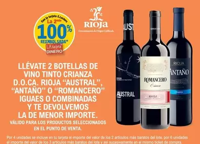 Oferta de Llévate 2 Botellas De Vino Tinto Crianza D.O.Ca. Rioja Austral/ Antano O Romancero en E.Leclerc