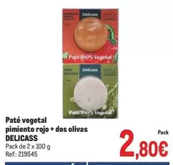 Oferta de Delicass - Paté Vegetal Pimiento Rojo + Dos Olivas por 2,8€ en Makro