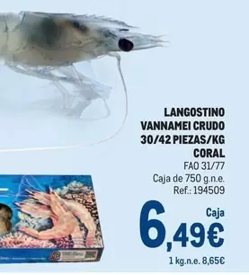 Oferta de Coral - Langostino Vannamei Crudo 30/42 Piezas/kg por 6,49€ en Makro