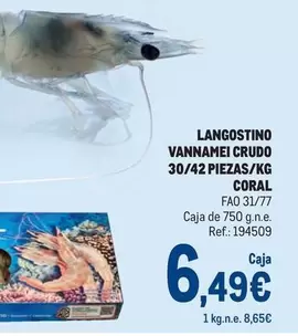 Oferta de Coral - Langostino Vannamei Crudo 30/42 Piezas/kg por 6,49€ en Makro