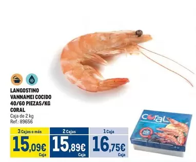 Oferta de Coral - Langostino Vannamei Cocido 40/60 Piezas/kg por 16,75€ en Makro