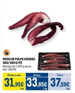Oferta de Patas De Pulpo Cocidas 200/300 G/pz por 37,59€ en Makro