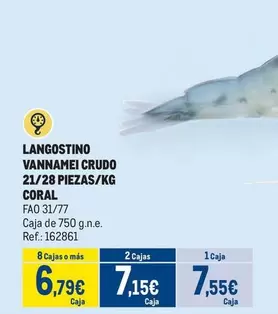 Oferta de Coral - Langostino Vannamei Crudo 21/28 Piezas/kg por 7,55€ en Makro