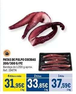 Oferta de Patas De Pulpo Cocidas 200/300 G/pz por 37,59€ en Makro