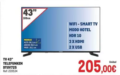 Oferta de Telefunken - Tv 43" Dtuv725 por 205€ en Makro