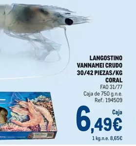 Oferta de Coral - Langostino Vannamei Crudo 30/42 Piezas/kg por 6,49€ en Makro