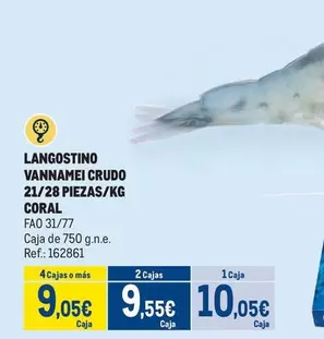Oferta de Coral - Langostino Vannamei Crudo 21/28 Piezas/kg por 10,05€ en Makro