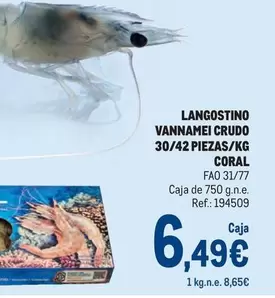 Oferta de Coral - Langostino Vannamei Crudo 30/42 Piezas/kg por 6,49€ en Makro