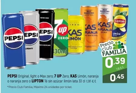 Oferta de Pepsi - Original, Light O Max Zeroro, Kas Limon, Naranja O Naranja Zero O Lpton Te Sin Azucar Limon por 0,45€ en Coviran