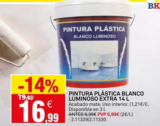 Oferta de Pintura Plastica Blanco Luminoso Extra por 16,99€ en Bricoking