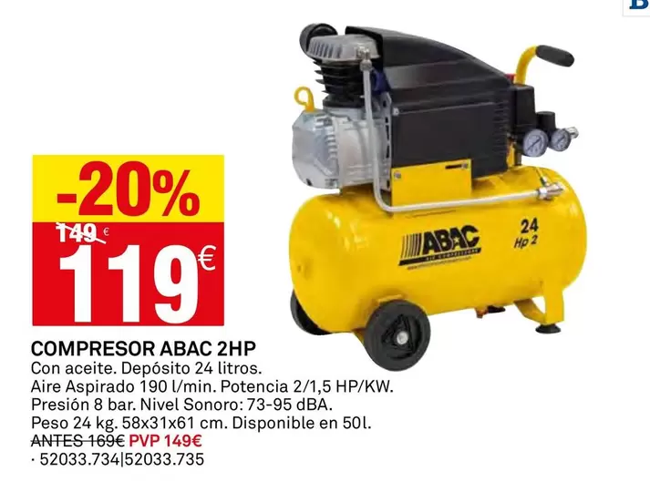 Oferta de ABAC - Compresor 2HP por 119€ en Bricoking