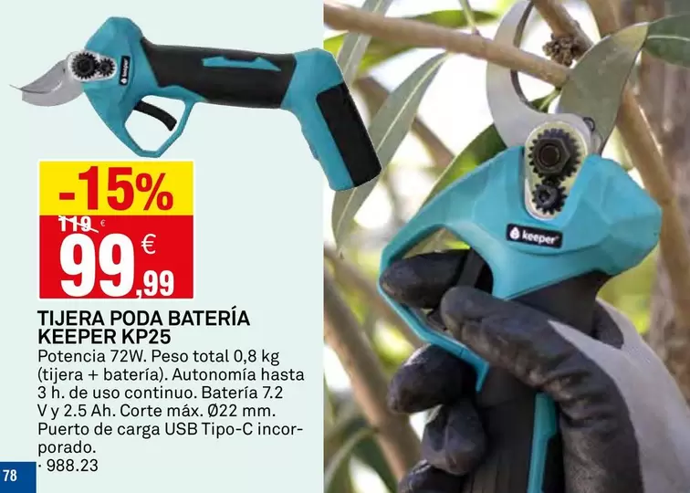 Oferta de Keeper - Tijera Poda Bateria  KP25 por 99,99€ en Bricoking