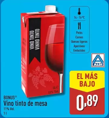 Oferta de Bonus - Vino Tinto De Mesa por 0,89€ en ALDI