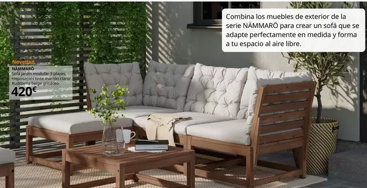 Oferta de Nammaro - Sofá Jardín Modular 3 Plazas, +reposapiés Tinte Marrón claro/Kuddarna Beige Grisáceo por 420€ en IKEA