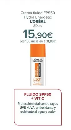 Oferta de L'Oréal - Crema Fluida FPS50 Hydra Energetic por 15,9€ en Carrefour