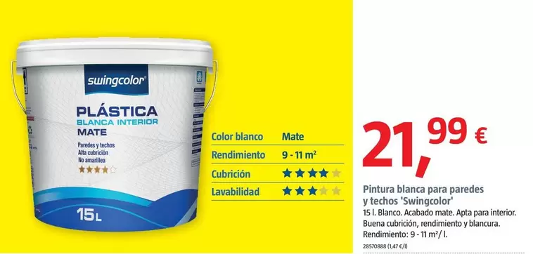 Oferta de Swingcolor - Pintura Blanca Para Paredes Y Techos  por 21,99€ en BAUHAUS