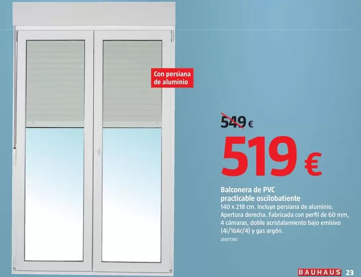 Oferta de Balconera De PVC Practicable Oscilobatiente  por 519€ en BAUHAUS
