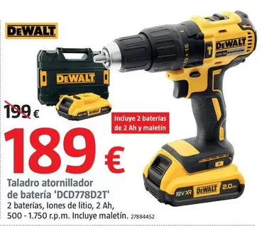 Oferta de DeWalt - Taladro Atornillador De Batería 'DCD778D2T' por 189€ en BAUHAUS
