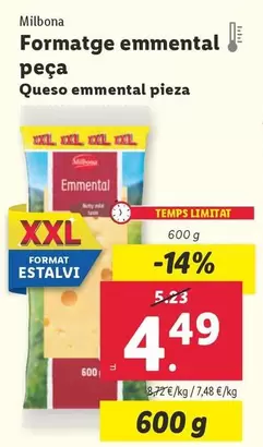Oferta de Milbona - Queso Emmental Pieza por 4,49€ en Lidl