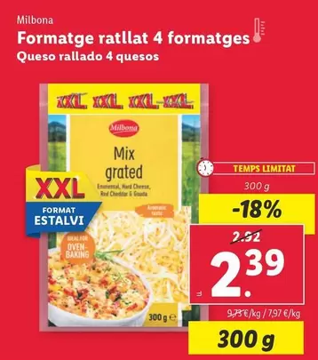 Oferta de Milbona - Queso Rallado 4 Quesos por 2,39€ en Lidl