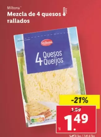 Oferta de Milbona - Mezcla De 4 Quesos Rallados por 1,49€ en Lidl