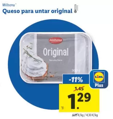 Oferta de Milbona - Queso Para Untar Original por 1,29€ en Lidl