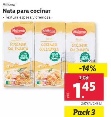 Oferta de Milbona - Nata Para Cocinar por 1,45€ en Lidl