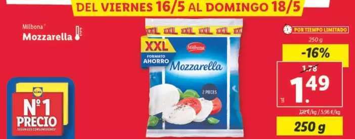 Oferta de Milbona - Mozzarella por 1,49€ en Lidl