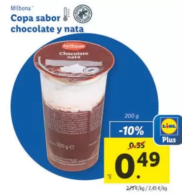 Oferta de Milbona - Copa Sabor Chocolate Y Nata por 0,49€ en Lidl