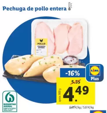 Oferta de Pechuga De Pollo Entera por 4,49€ en Lidl