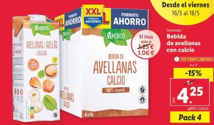 Oferta de Vemondo - Bebida De Avellanas Con Calcio por 4,25€ en Lidl