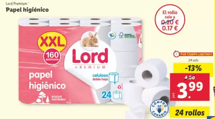 Oferta de Lord Premium - Papel Higiénico por 3,99€ en Lidl