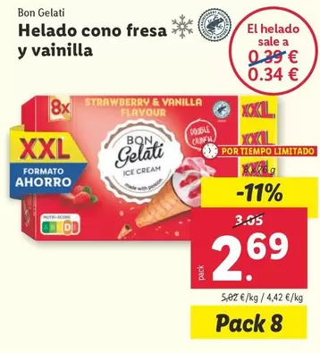Oferta de Bon Gelati - Helado Cono Fresa Y Vainilla por 2,69€ en Lidl