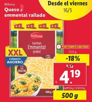 Oferta de Milbona - Queso Emmental Rallado por 4,19€ en Lidl