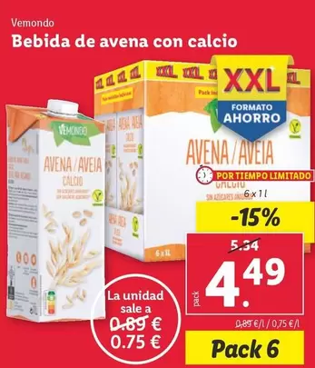 Oferta de Vemondo - Bebida De Avena Con Calcio por 4,49€ en Lidl