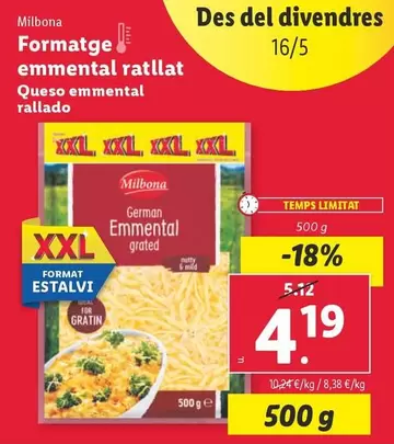 Oferta de Milbona - Queso Emmental Rallado por 4,19€ en Lidl