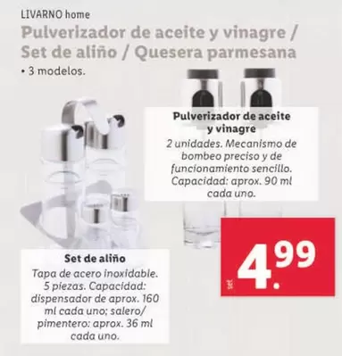 Oferta de Livarno - Pulverizador De Aceite Y Vinagre / Set De Alino / Quesera Parmesana por 4,99€ en Lidl