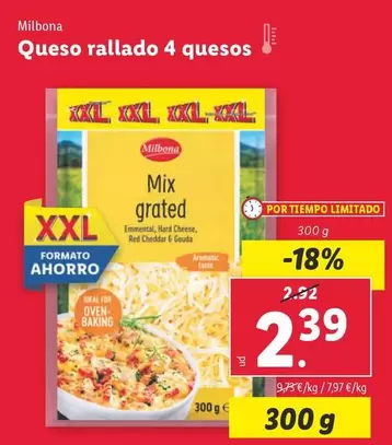 Oferta de Milbona - Queso Rallado 4 Quesos por 2,39€ en Lidl