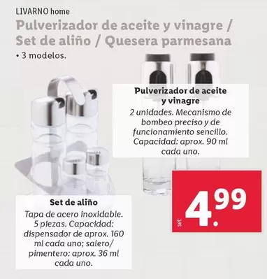 Oferta de Livarno Home - Pulverizador De Aceite Y Vinagre / Set De Alino / Quesera Parmesana por 4,99€ en Lidl