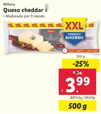 Oferta de Milbona - Queso Cheddar por 3,99€ en Lidl