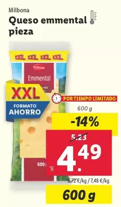 Oferta de Milbona - Queso Emmental Pieza por 4,49€ en Lidl